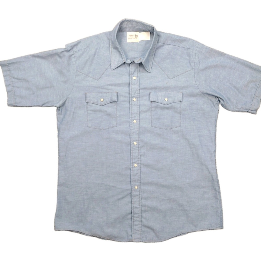Vintage 70s 80s Saddle King Western Faded Denim Pearl Snap Shirt Mens 17 1/2 USA